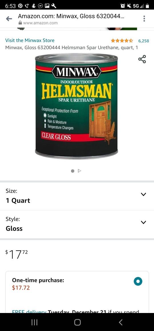 Minwax, Gloss (contact info removed)4 Helmsman Spar Urethane, quart, 1