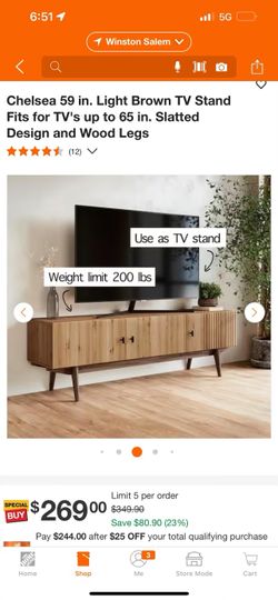 Chelsea 59 in. Light Brown TV Stand Fits for TV's up to 65 in. Slatted Design and Wood Legs
