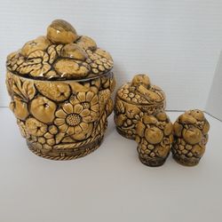 Vintage Japan Ceramic Golden Harvest Fruit and Daisy Design Cookie Jar with Small Canister and Salt and Paper Shaker Set