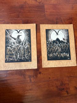 Vintage Mór József Signed Hungarian Linocut Prints Árpád Kagán Turul Pair