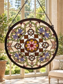 Like NEW Large ROUND Stain Glass LAVENDER Blues BURNT ORANGE w Chain