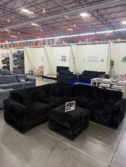 BRAND NEW THICK FLUFFY BLACK CORDUROY JUMBO SECTIONAL SOFA COUCH