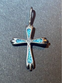 Vintage Cross Pendant - Sterling with Inlaid Crushed Turquoise -925