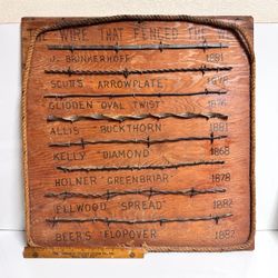 Antique Western Barbed Wire Display Board 24”/24”  Mounted on Large Vintage Wood Board