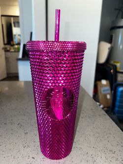 Starbucks Tumbler 2021 Pink Jeweled Metallic Grid Holiday Collection