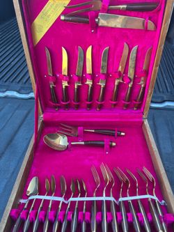 vintage James Thailand bronzeware flatware collection in a wooden case