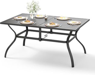 HERA'S HOUSE Patio Dining Table, 60" x 38" Rectangular Large Surface 6 Person Steel Frame Outdoor Dining Table with Umbrella Hole for Lawn Garden Back
