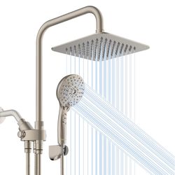 Ryamen Dual Shower Head Combo, Brushed Nickel 8'' High Pressure Rain/Rainfall Shower Head, 6 Settings Adjustable Handheld Showers, with 15" Height Adj