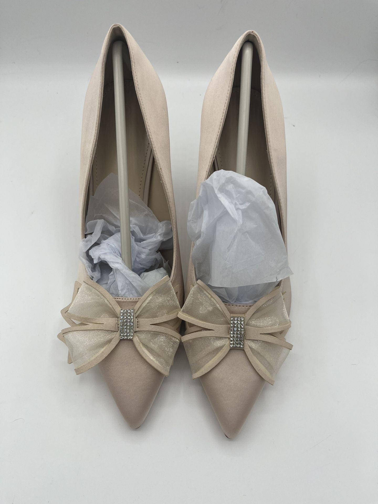 Coutgo Women's Pointed Toe Stiletto Satin Shoes Khaki Color Size 8