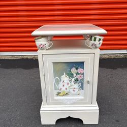 Charming Hand-Painted White Side Table with Teacup Accents