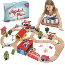 Wooden Train Set - 69 Pieces Wooden Train Tracks & Trains for Kids, Toddler Boys and Girls 3,4,5 Years Old and Up– Premium Wood Construction Toys -Fit