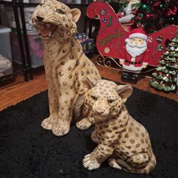 Large Vintage Leopard And Cub Statues