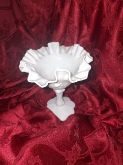 Vintage Fenton Milk Glass Small Pedestal Bowl Comport Compot Ruffled Rose Design