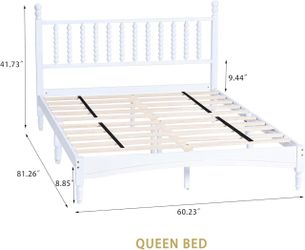 Queen Wood Bed Frame with Headboard, Solid Rubber Wood with Central Supports, 1000Lb Capacity,White