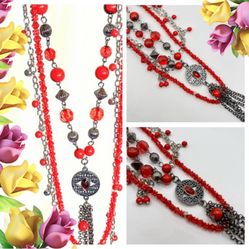 Long Triple Strand Necklace in Red & Gunmetal Silver Filigree Beads