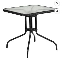 Flash Furniture 28'' Square Tempered Glass Metal Table with Black Rattan Edging. Assembled