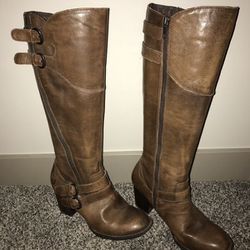 Born Brown Distressed Leather Tall Knee High Heel Buckle Boots Women's size 6.5