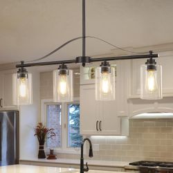  Modern 4-Light Kitchen Island Chandelier – Matte Black with Clear Glass Shades