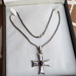 Vintage Silver Cross Pendant With Blue Stone And Chain Very Beautiful W Stamp