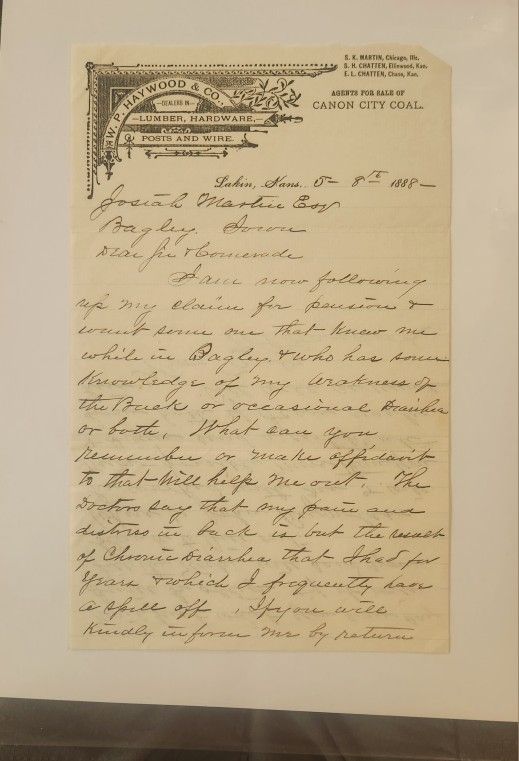 1888 Lakin, Kanasa Letter Re: Civil War Vet 