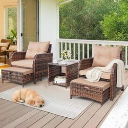 ES52 $180  5 Pieces Patio Chairs Set with Ottomans, All Weather PE Rattan, Outdoor Conversation Furniture with Table, Beige  Sturdy and Durable: The o