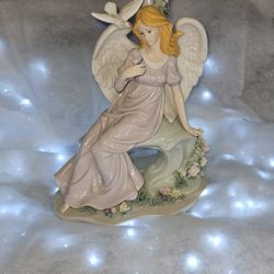 Hand Painted Porcelain Angel In The Garden with Dove on her wing