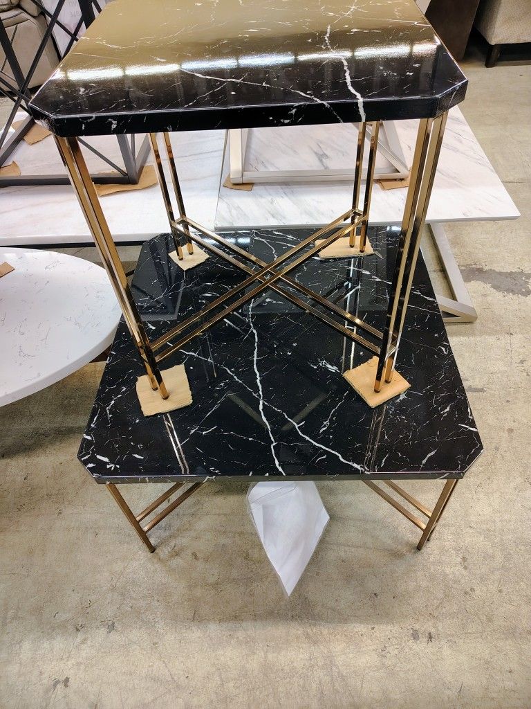 Black Faux Marble And Metal Table Set!