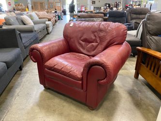 Bright Burgundy Leather Roll Arm Sofa Chair