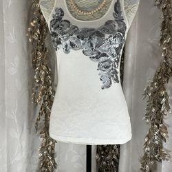 APT. 9 Women’s Small White Sequin Tank Top - Glam Chic Style Floral  Festival