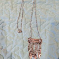 Silver Tone Tassel Long Necklace With Turquoise Tone Beads 34” Length