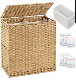 Wicker Laundry Hamper with Lid 112L Rattan Basket 3 Liners Mesh Bags