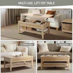 Coffee Table for Living Room Farmhouse Lift-Top Coffee Table with Storage, with Rattan Accent, Modern Minimalist Décor Small Coffee Table for Apartmen