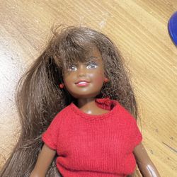 African-American, Barbie, Doll Girl with Red Earrings, Red Shirt, And Red Plaid Skirt