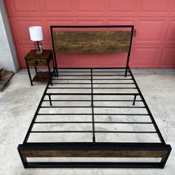 Full size bed frame, side table, lamp, And Brand New Mattress FREE local Delivery 