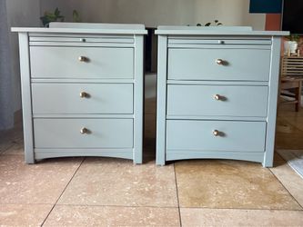 Refinished Bassett Solid Wood Nightstands | Willowleaf Green | Pull-Out Shelf | Set of 2