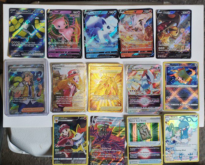 Pokemon Full ART, ALT ART, Pokemon GOLD AND vmax & Secret Rare Lot. GET ALL 14 cards in the picture, and over 500 Base cards with 30-40 Holo & Reverse