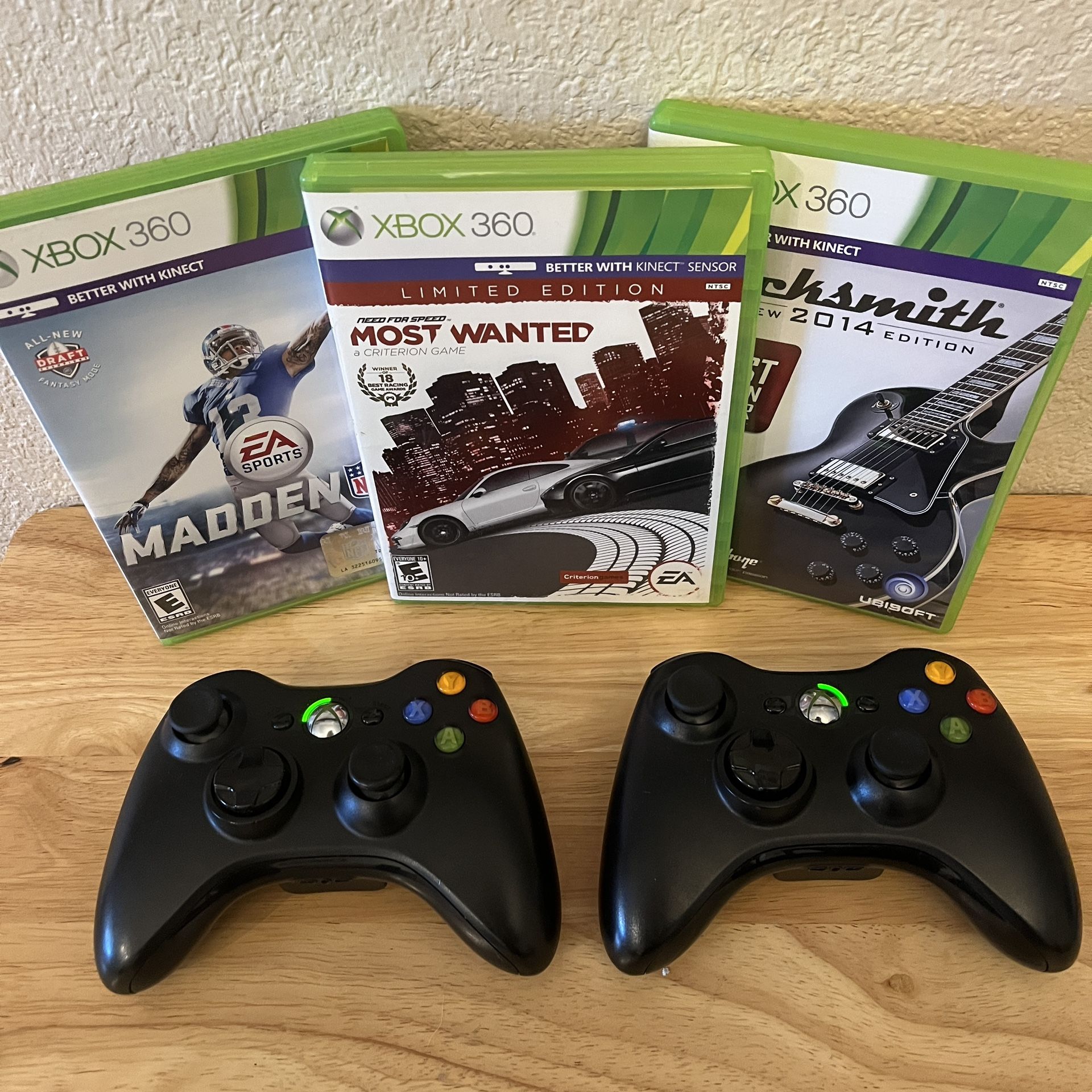 Two Xbox 360 Controllers and games