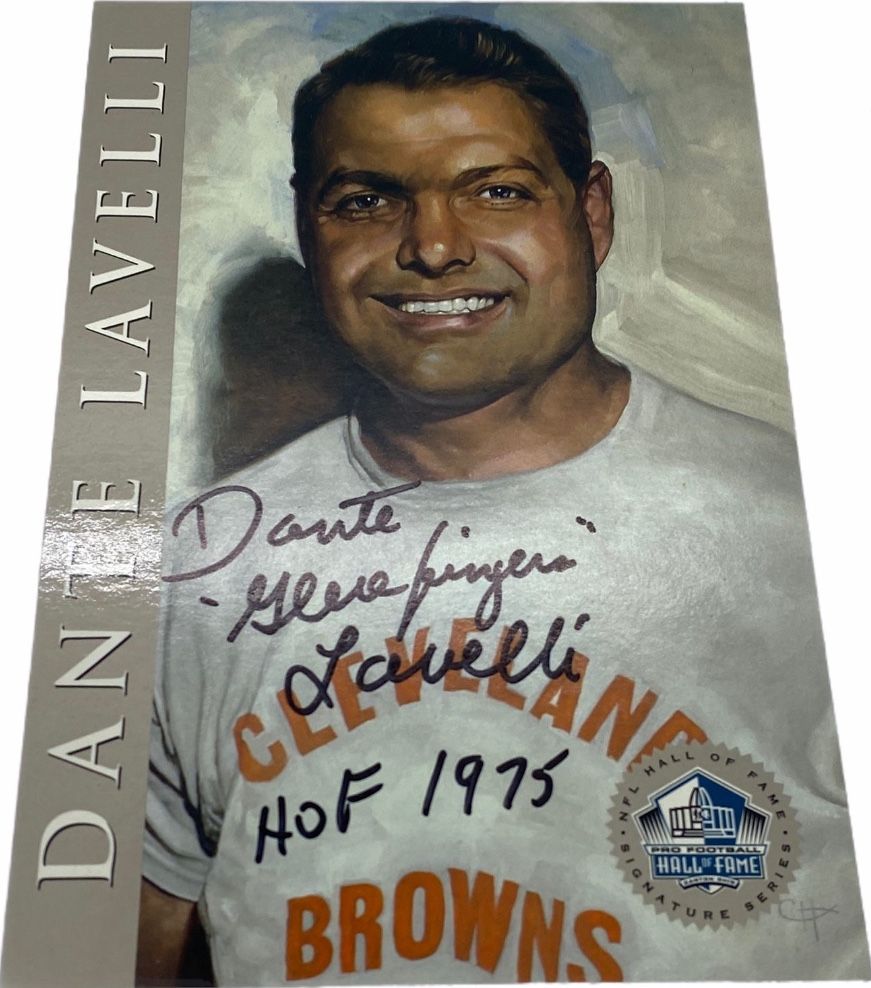Dante Lavelli Autographed Swell Hall of Fame Card – “Gluefingers” Inscription – HOF 1975 – Cleveland Browns