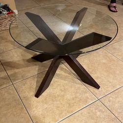 Pier One Coffee Table, Glass Top 30” Dia, Acacia Wood Base, Like New Orig $300+