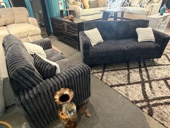 Dark Gray Ribbed Plush Sofa and Loveseat Set