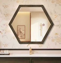 Hexagon Wall Mirror with Wood Frame
