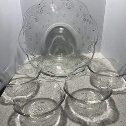 Anchor Hocking Savannah pattern punch bowl set, featuring a clear glass construction with a floral pattern and a scalloped rim