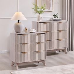 set of 2 Fluted 3 Drawers Nightstand, Oversized Extra Large Modern Side Table, End Table