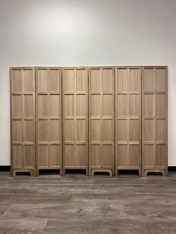 96” W × 67” H 6-Panel Folding Room Divider – Solid Wood Frame & Plywood Panels – Natural Wood Privacy Screen