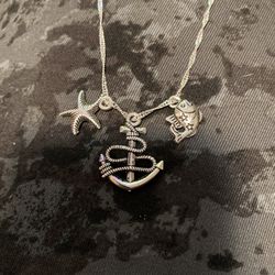 925 Sterling Silver Boat Anchor, Star Fish & Fish Charm Necklace 