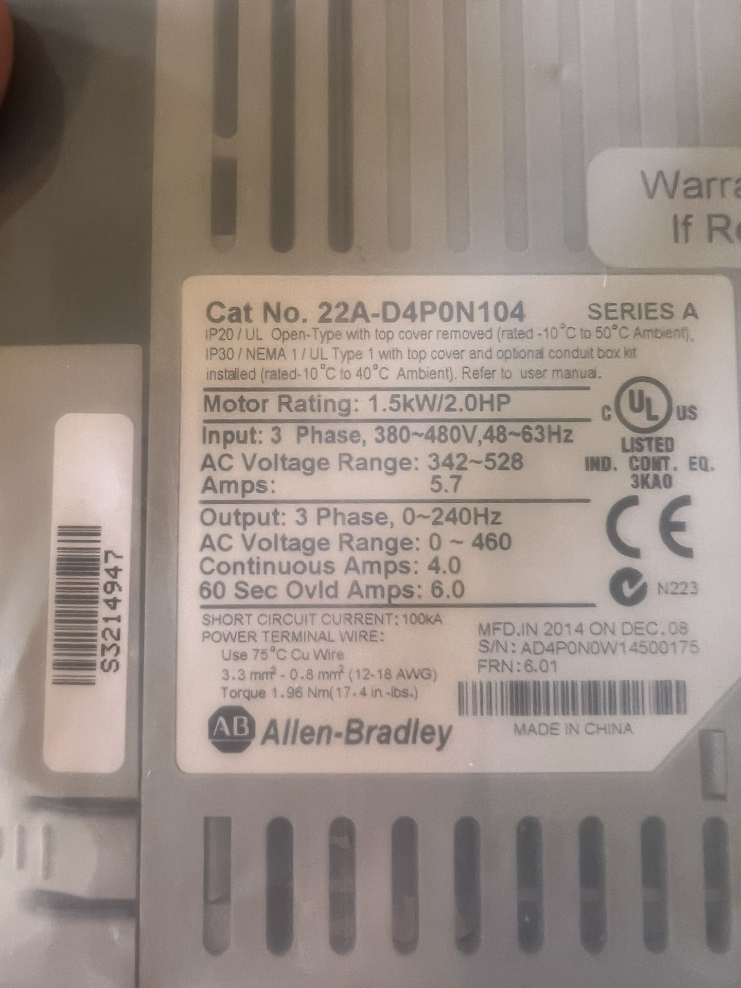 Allen Bradley PowerFlex 4 22A-D1P4N104