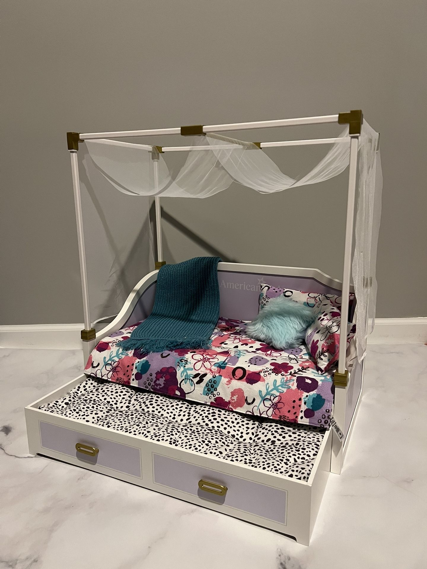 American Girl All Set For Sleepovers Canopy Bed With Trundle- Retired Bedding, Excellent Condition