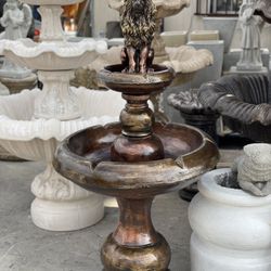 2 Tier Cement Fountain with Lion Figurine