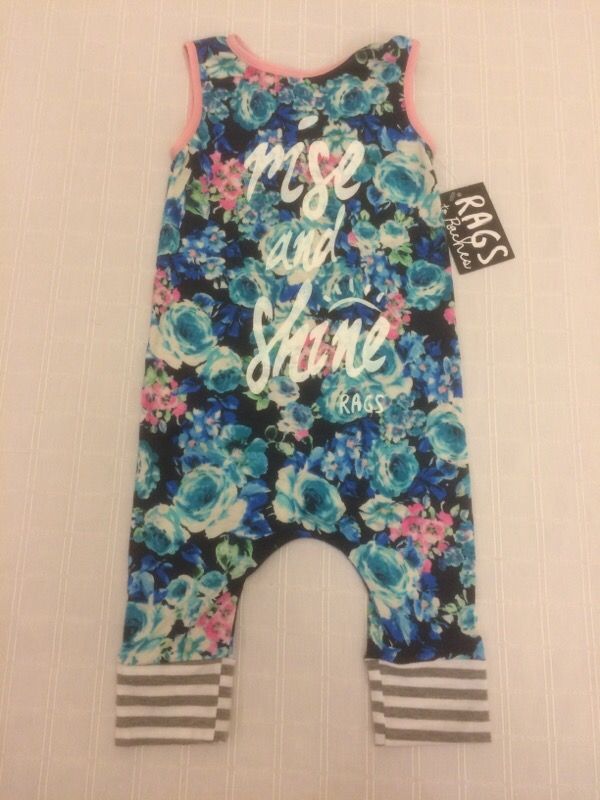 Boutique Rags to Raches Blue pink floral rise and shine romper NEW 18 24 mos