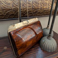 Mid Century Lucite Tortoise Shell purse with gold chain 1950s 1960s